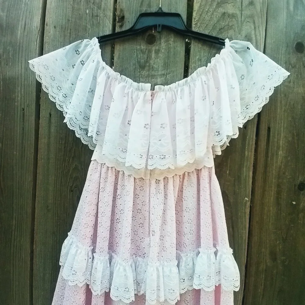 VINTAGE 70'S 80'S DANCE ALLURE MAXI DRESS SZ 8 WHITE PINK OFF SHOULDER TIERED - Picture 11 of 13